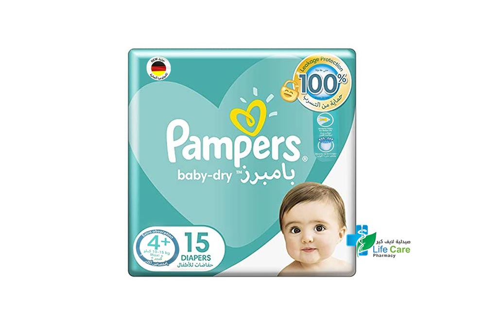 PAMPERS 4 BABY DRY PLUS DIAPERS 10 TO 15 KG 15 PANTS - صيدلية لايف كير