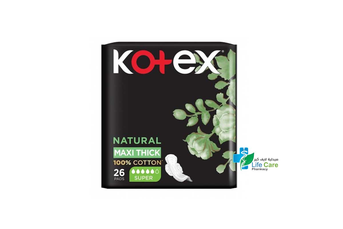 KOTEX NATURAL MAXI THICK SUPER 26 PADS - Life Care Pharmacy
