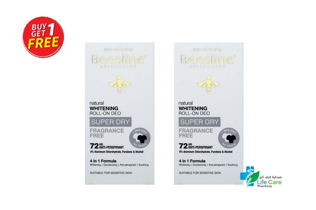 BOX BUY1GET1 BEESLINE NATURAL WHITENING ROLL ON SUPER DRY FRAGRANCE FREE 72 HOURS 50 ML - Life Care Pharmacy