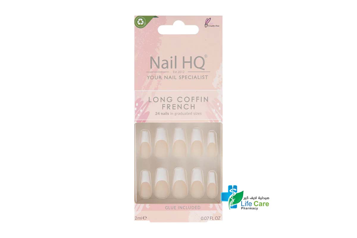 NAIL HQ LONG COFFIN FRENCH 24 NAILS PLUS 2ML GLUE - Life Care Pharmacy