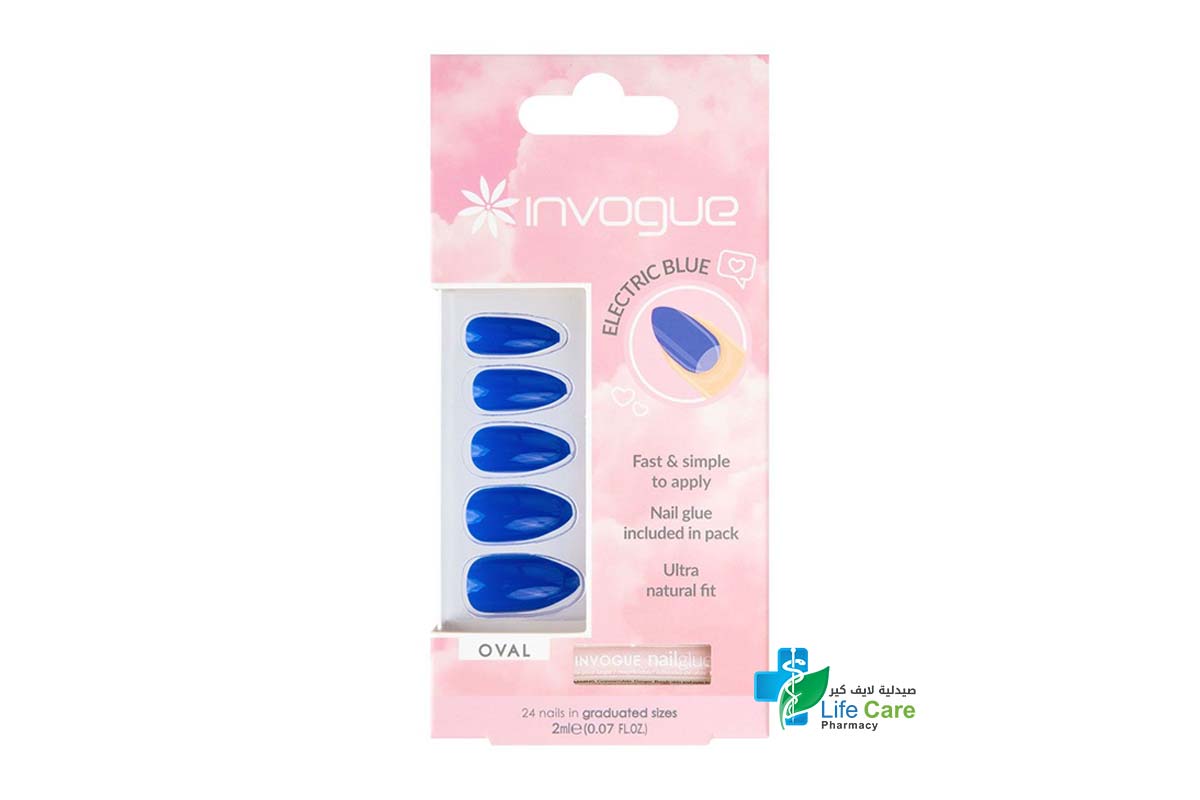 INVOGUE ELECTRIC BLUE OVAL 24 NAILS PLUS 2ML GLUE - Life Care Pharmacy