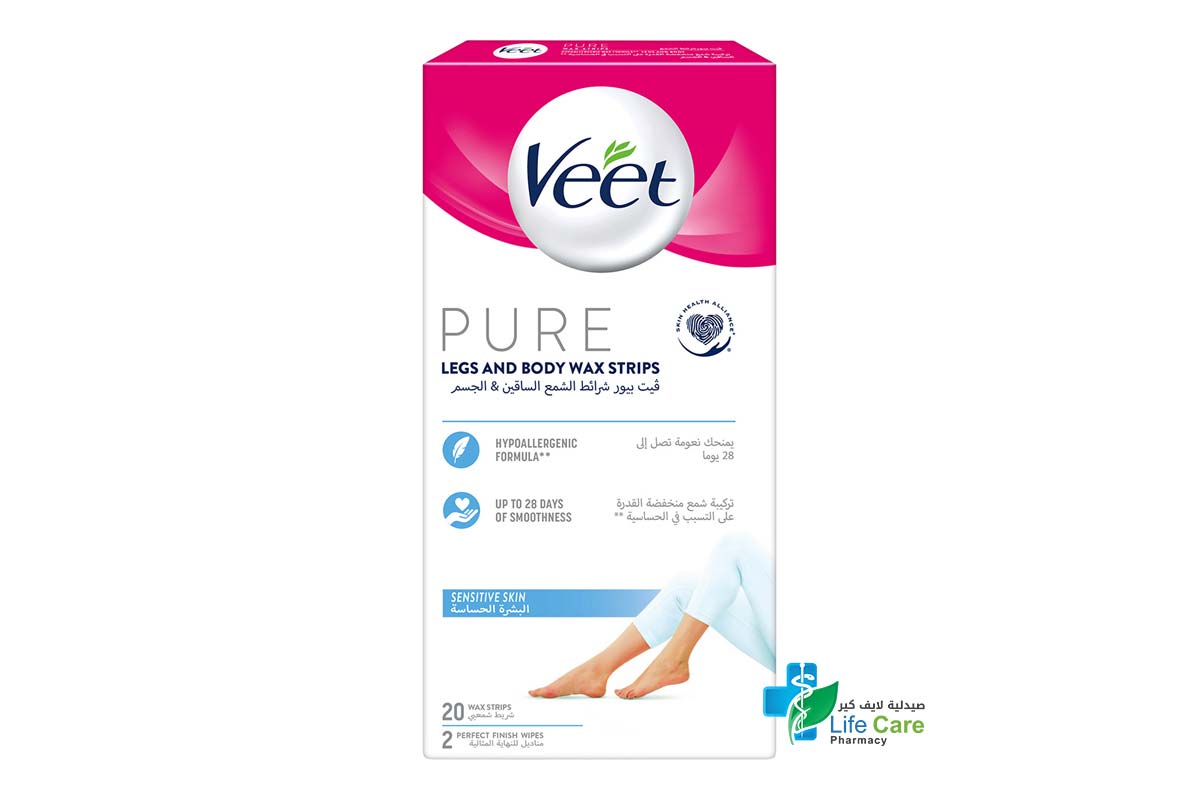 VEET PURE LEGS AND BODY SENSITIVE SKIN 20 WAX STRIPS - Life Care Pharmacy