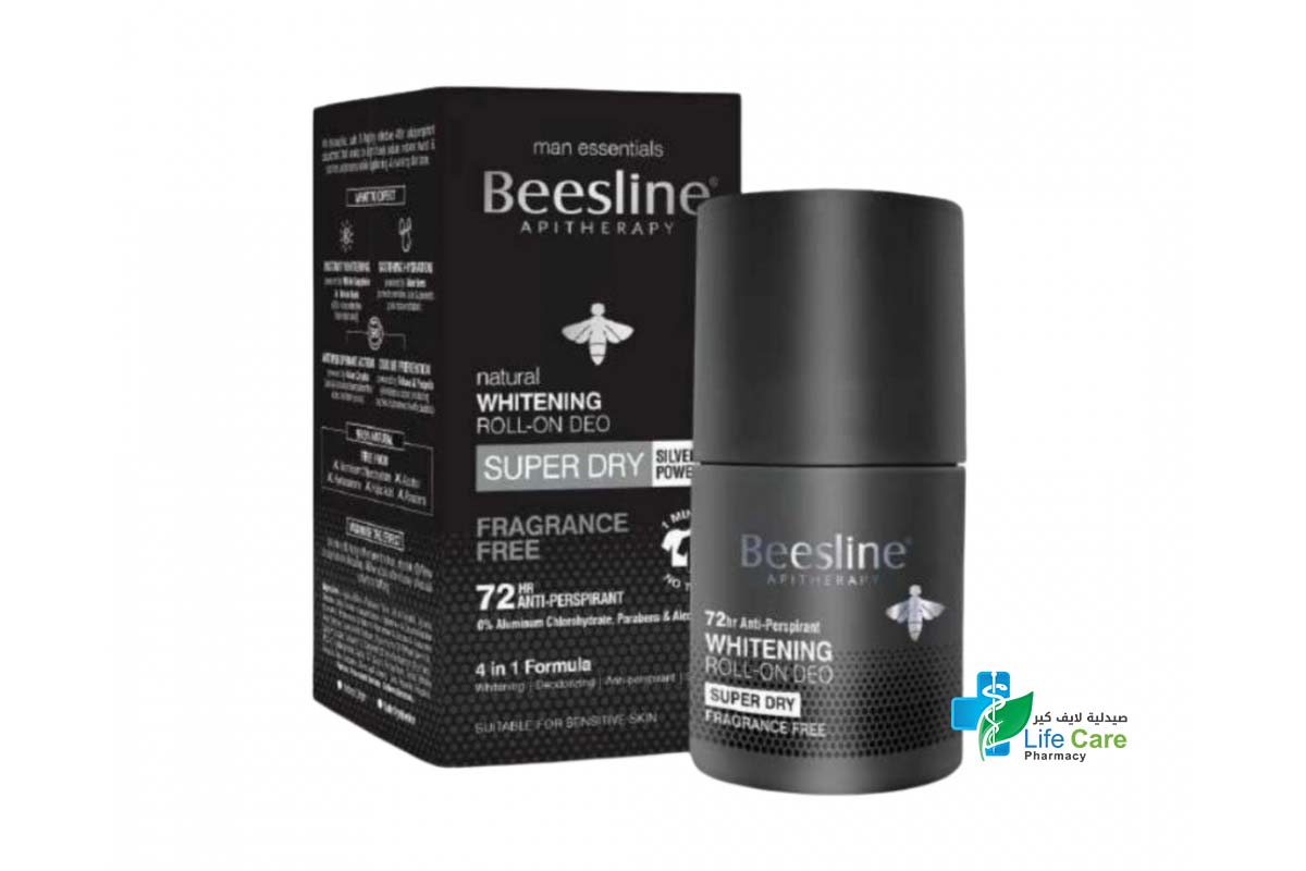 BEESLINE NATURAL WHITENING ROLL ON DEO SUPER DRY SILVER POWER FRAGRANCE FREE 72HR 50 ML - Life Care Pharmacy