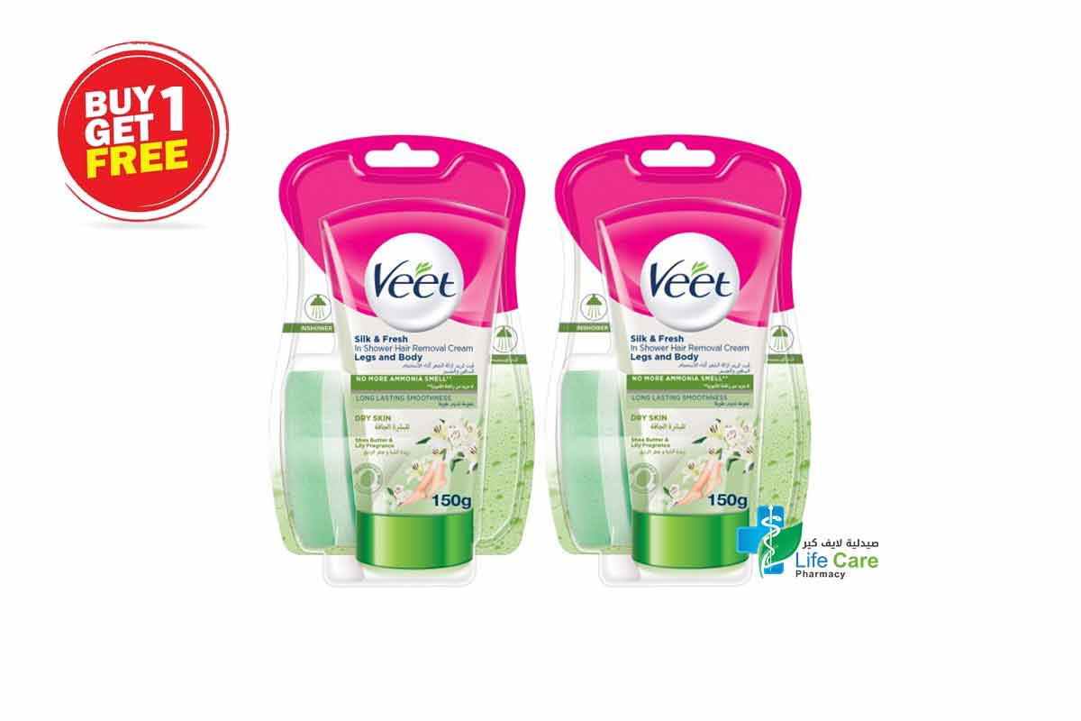 BOX BUY1GET1 VEET IN SHOWER HAIR REMOVAL SILK AND FRESH DRY SKIN CREAM 150 GM - Life Care Pharmacy