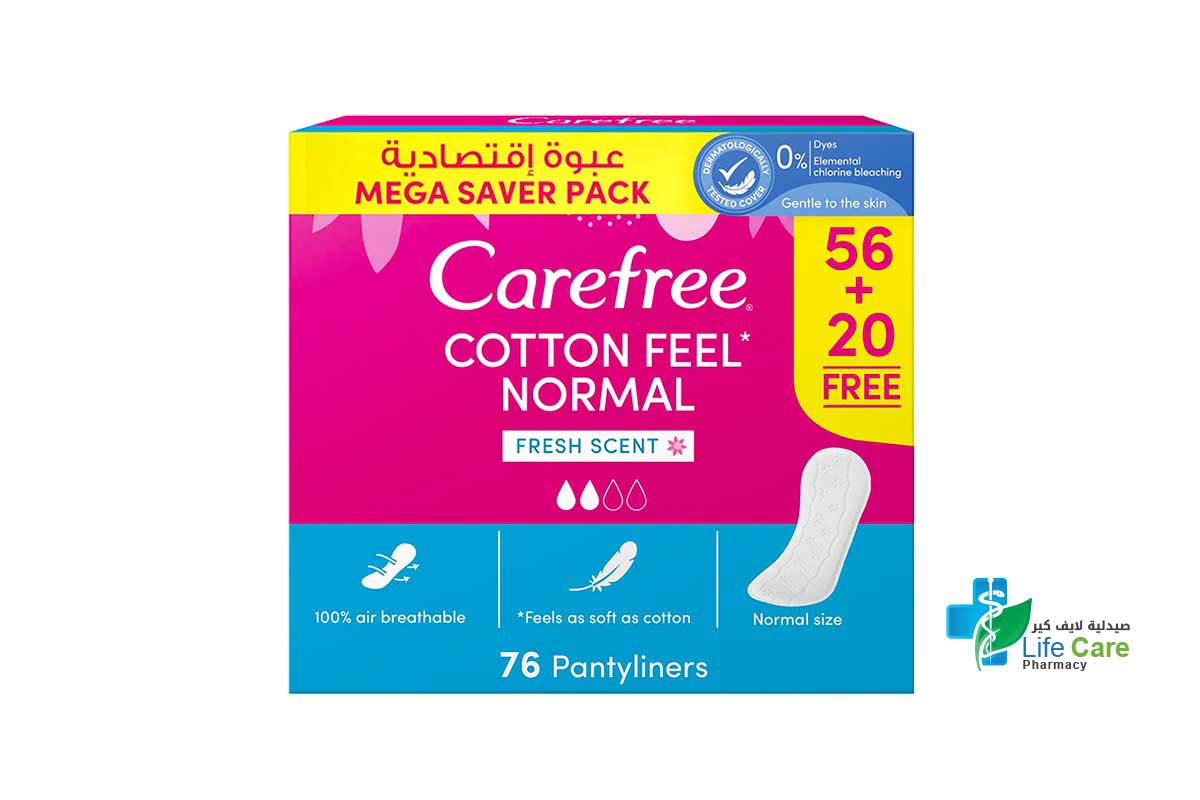BOX CAREFREE COTTON FEEL NORMAL FRESH SCENT 76 PCS - Life Care Pharmacy