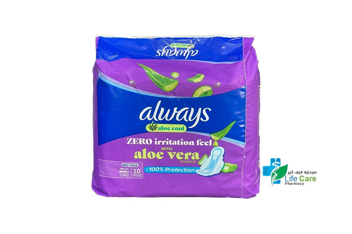 ALWAYS COOL AND DRY NO HEAT FEEL MAXI THICK LARGE ALOE VERA 10 PADS - Life Care Pharmacy