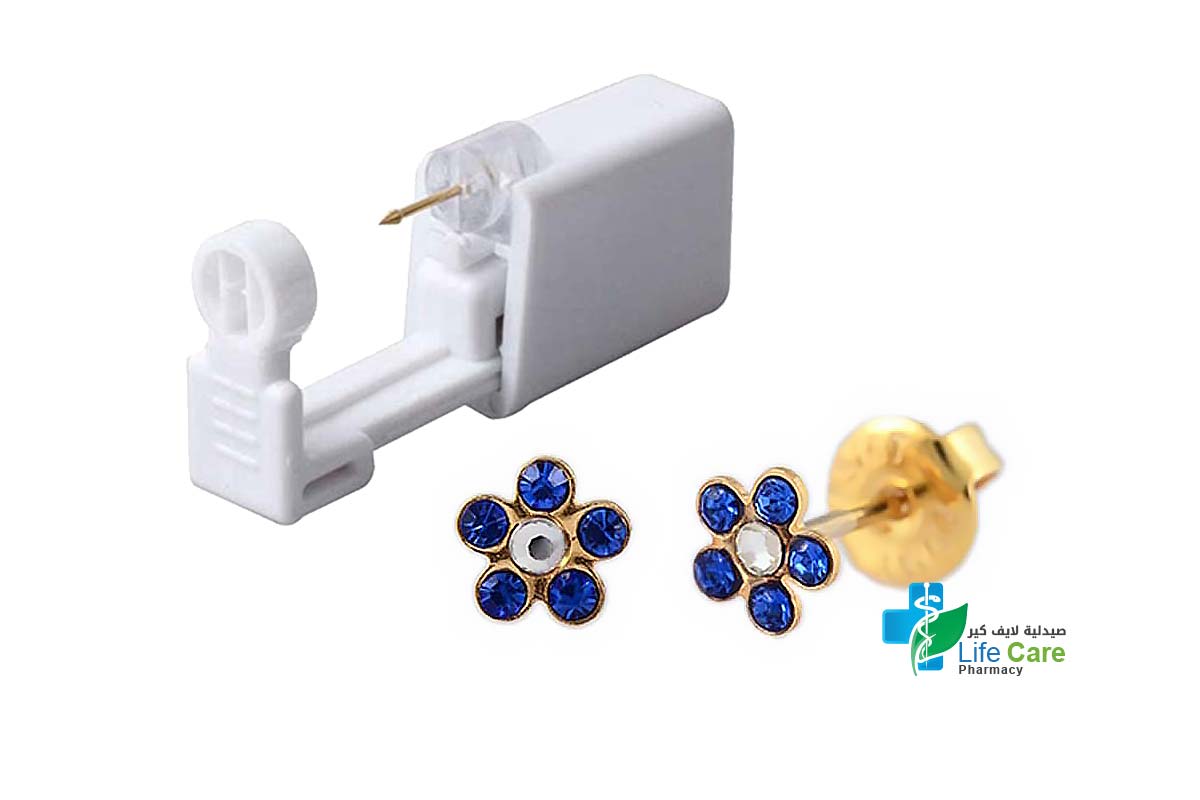 PRIMED EAR PIERCING 52-673 -G/P 6 MM DAISY CRYSTAL CLEAR + SAPPHIRE WITH GUN - Life Care Pharmacy