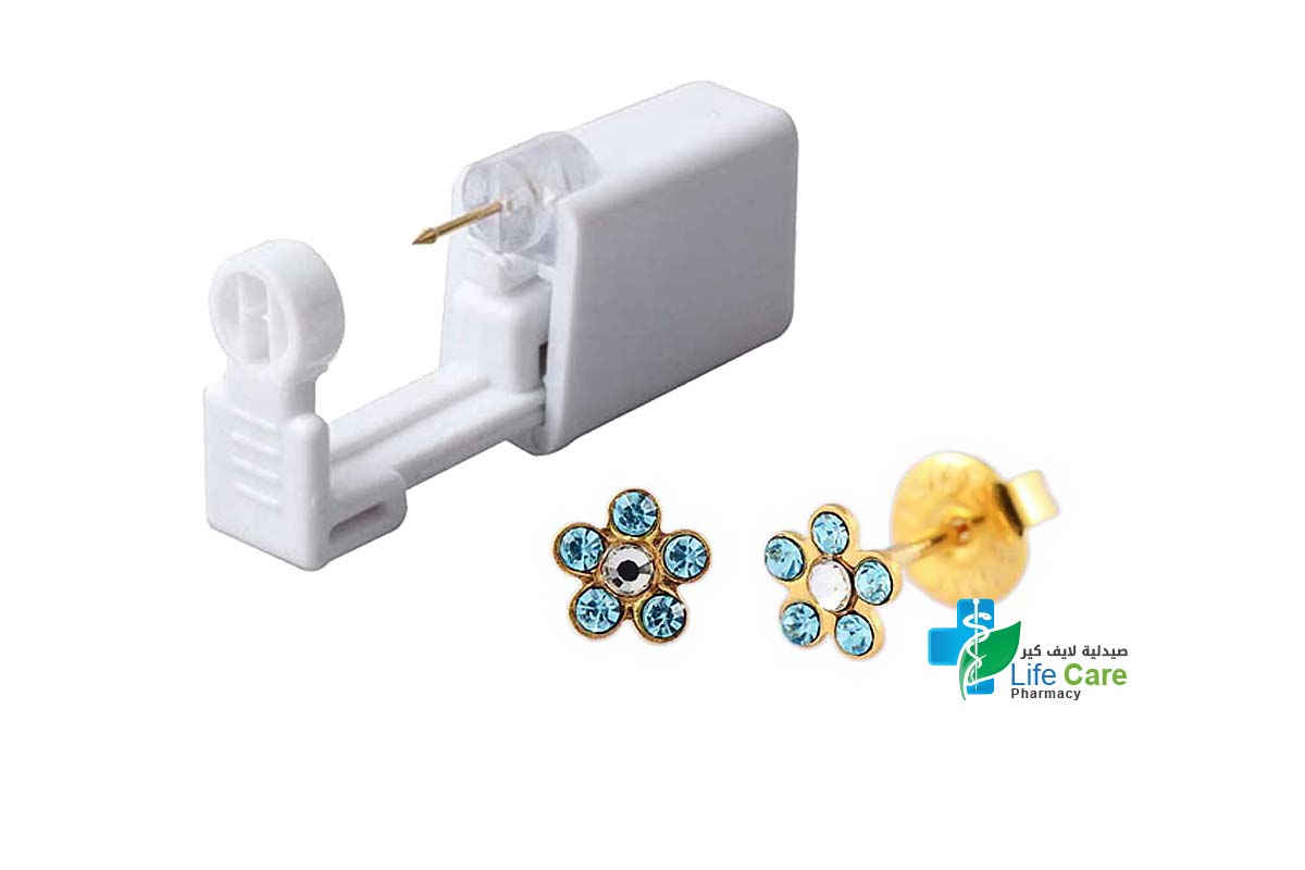 PRIMED EAR PIERCING 52-672 G/P 6MM DAISY CRYSTAL CLEAR+AQUAMARINS WITH GUN - Life Care Pharmacy