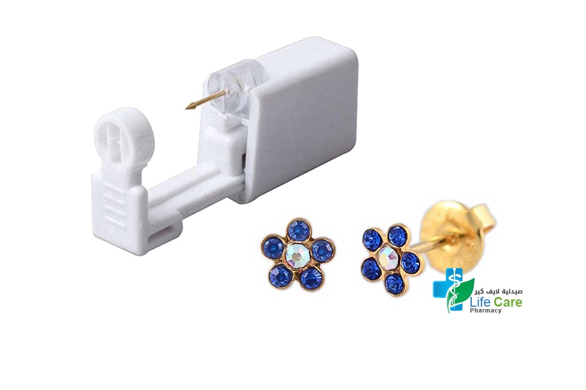 PRIMED EAR PIERCING 52-670 G/P 6MM DAISY CRYSTAL AB+SAPPHIRE WITH GUN - Life Care Pharmacy