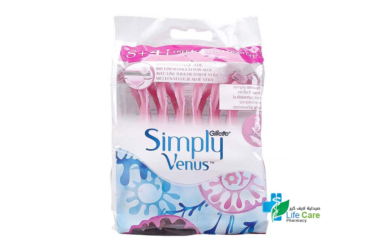 GILLETTE SIMPLY VENUS WOMEN DISPOSABLE RAZOR PINK 8+4 PCS - Life Care Pharmacy