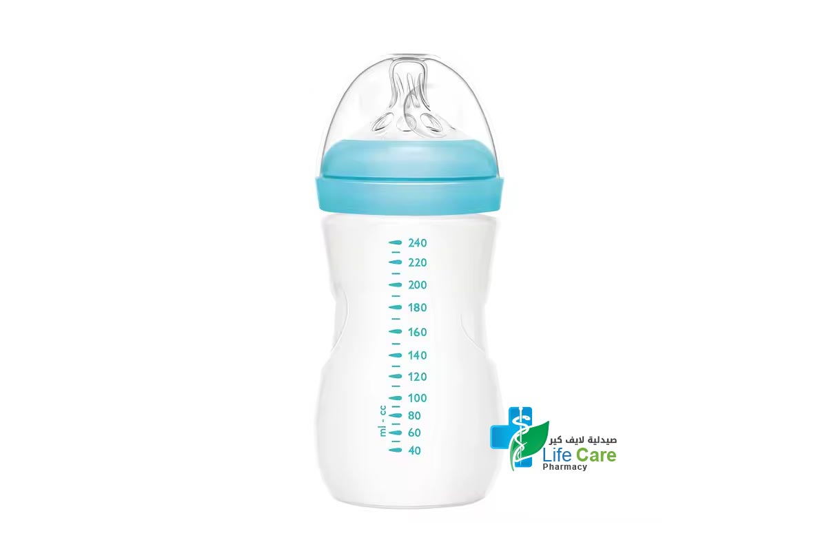 MOMEASY WIDE NECK GLASS FEEDING BOTTLE FROM 3 MONTHS COLOR BLUE 240 ML - Life Care Pharmacy