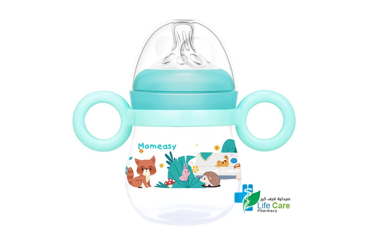 MOMEASY WIDE NECK FEEDING PLASTIC BOTTLE FROM 3 MONTHS COLOR BLUE GREEN 210 ML - Life Care Pharmacy