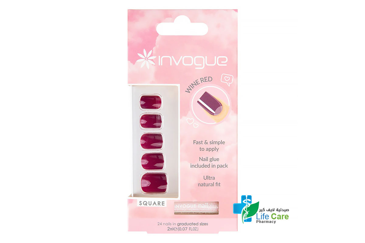 INVOGUE PRESS ON NAILS WINE RED SQUARE 24 NAILS WITH 2 ML GLUE - Life Care Pharmacy