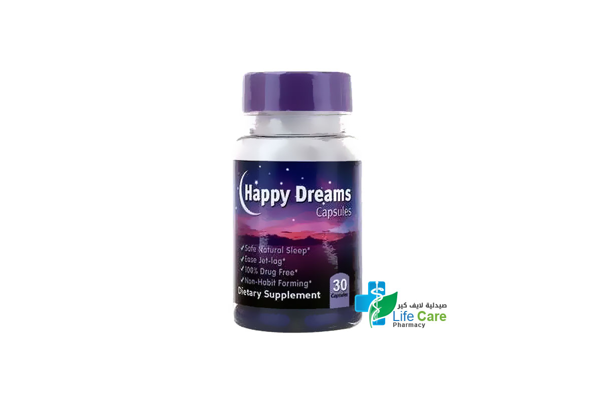 هابي دريمز مكمل غذائي يساعد على النوم وتقليل القلق 30 كبسولة - صيدلية لايف كير