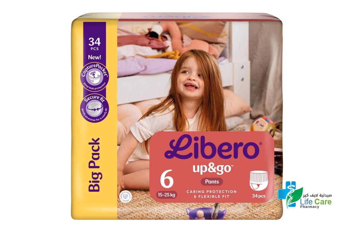 ليبرو اب اند جو حفاضات اطفال شورت رقم 6 من وزن 15 الى 25 كجم 34 حفاضة - صيدلية لايف كير